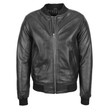 Mens Slim Fit MA1 Leather Bomber Jacket Ryan Black