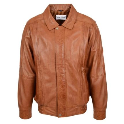 Mens Classic Leather Bomber Jacket Jim Tan