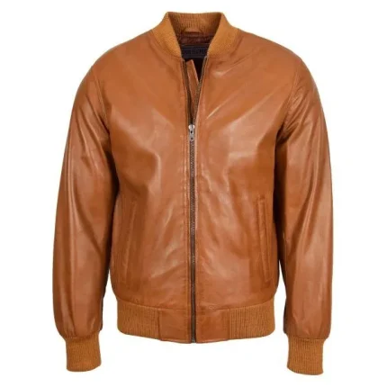 Mens Slim Fit MA1 Leather Bomber Jacket Ryan Tan