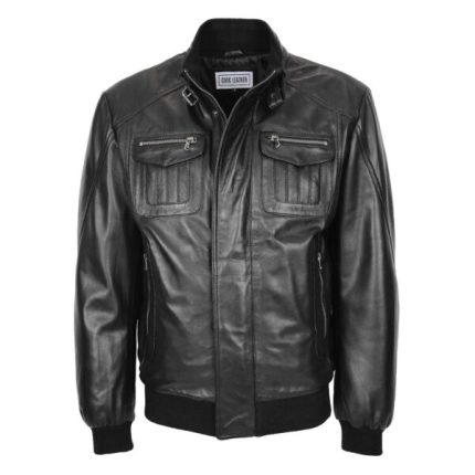 Mens Leather Bomber Flight Jacket Tom Black