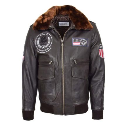 Mens Leather Bomber Jacket with Detachable Collar Arthur Brown