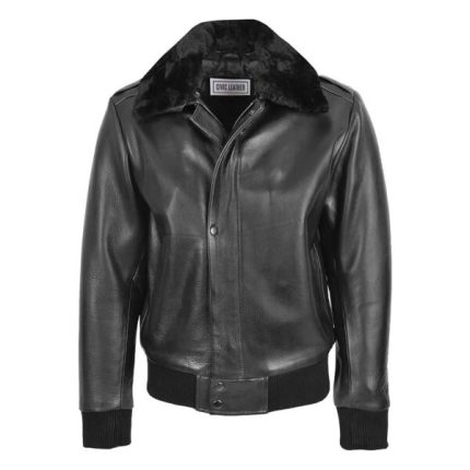 Mens Leather Bomber Pilot Jacket Removable Collar Leroy Black