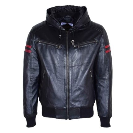 Mens Real Leather Bomber Zip Jacket Hooded RAMMY Black