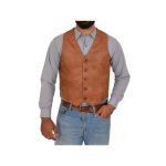 Mens Button Fastening Leather Waistcoat Nick Tan