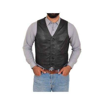 Mens Button Fastening Leather Waistcoat Nick Black