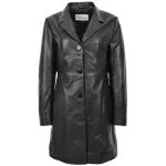 Womens Real Leather Mac Coat 3/4 Length Classic Style F99 Black