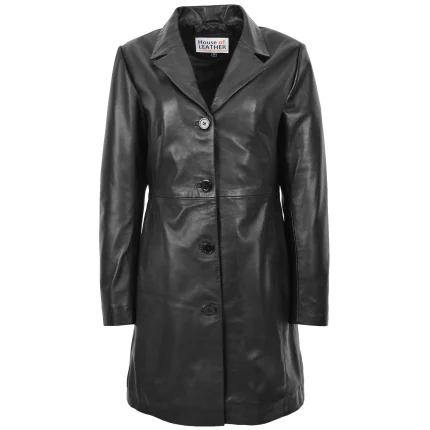 Womens Real Leather Mac Coat 3/4 Length Classic Style F99 Black