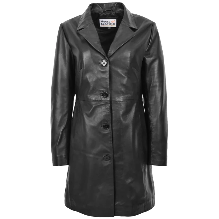 Womens Real Leather Mac Coat 3/4 Length Classic Style F99 Black