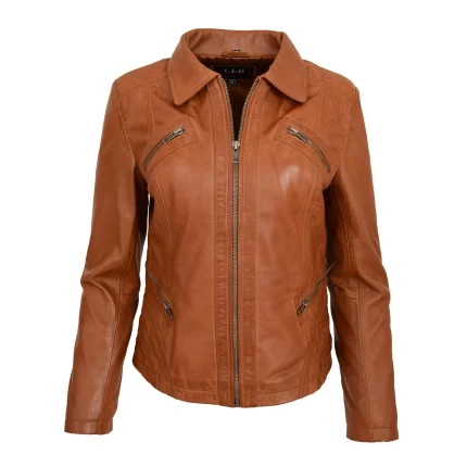 Womens Classic Leather Biker Zip Box Jacket Nova Tan