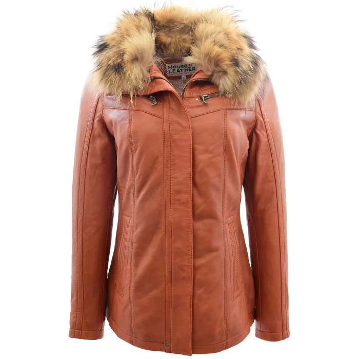 Womens Leather Jacket with Detachable Collar Dalia Cognac