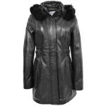 Womens Detachable Hoodie Leather Coat Kathy Black