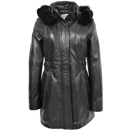 Womens Detachable Hoodie Leather Coat Kathy Black