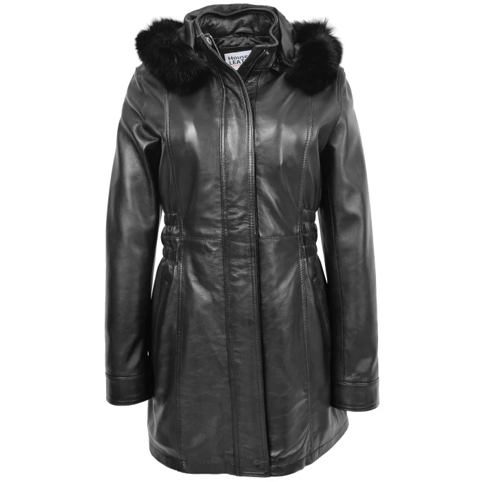 Womens Detachable Hoodie Leather Coat Kathy Black