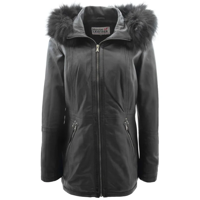 Womens Real Leather Mid Length Coat Fleur Black