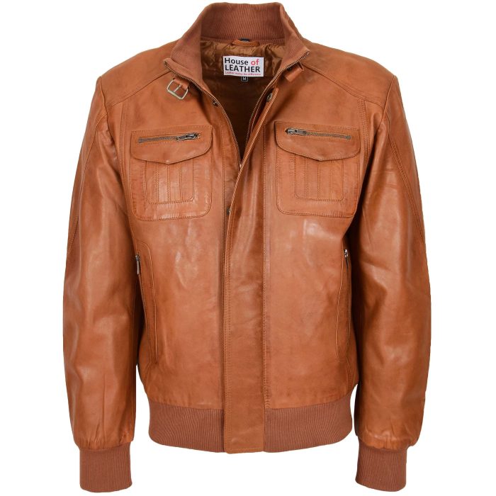 Mens Leather Bomber Flight Jacket Tom Tan