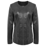 Womens Classic Soft Leather Collarless Jacket Jade Black