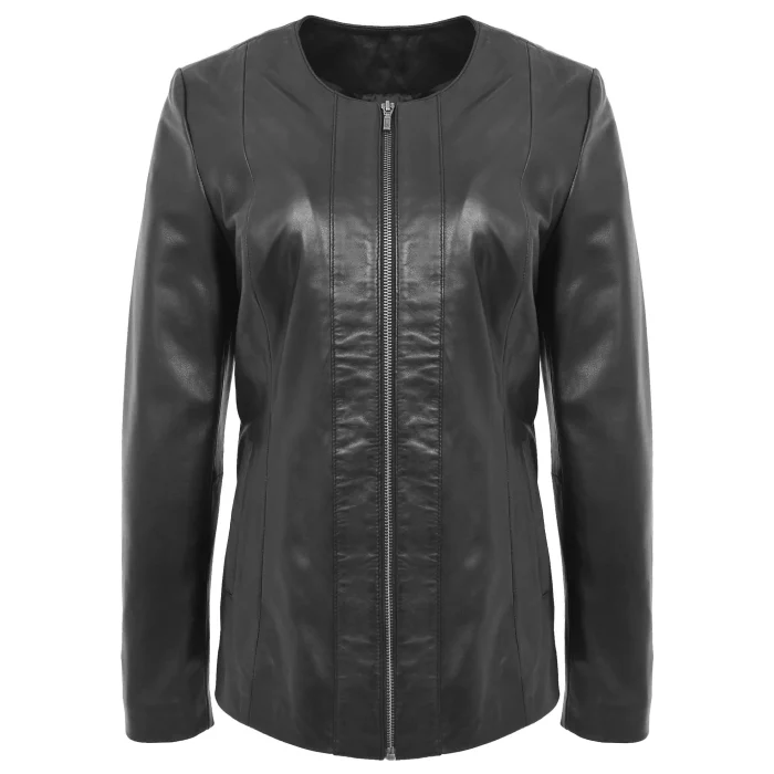 Womens Classic Soft Leather Collarless Jacket Jade Black