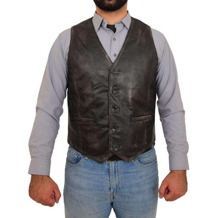 Mens Button Fastening Leather Waistcoat Nick Black Vintage