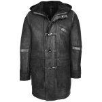 Mens Real Sheepskin Winter Duffle Coat Bain Black