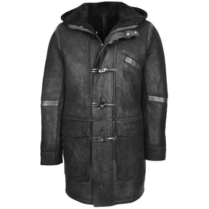 Mens Real Sheepskin Winter Duffle Coat Bain Black