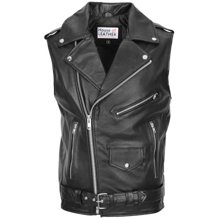 Mens Leather Cross Zip Biker Brando Gilet Jones Black