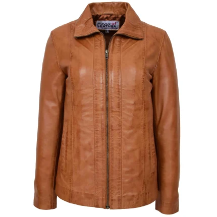 Womens Classic Zip Fastening Leather Jacket Julia Tan