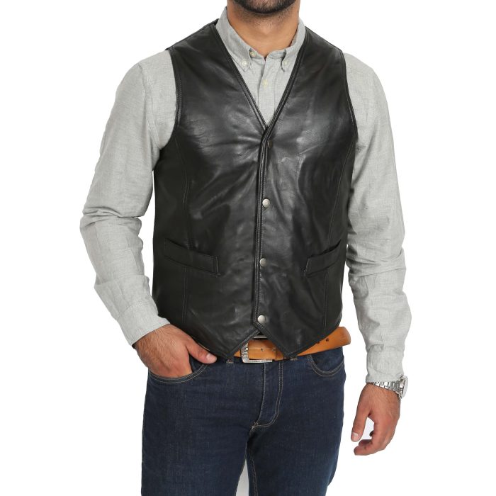 Mens Leather Traditional Waistcoat Petrelli Black