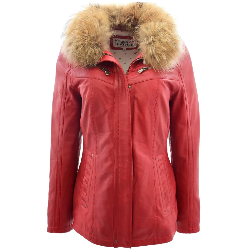 Womens Leather Jacket with Detachable Collar Dalia Red