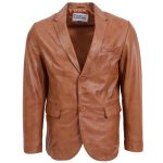 Mens Leather Blazer Two Button Jacket Zavi Tan