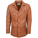 Mens Button Fastening Reefer Leather Jacket Jerry Tan