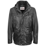 Mens Leather Parka Detachable Hoodie Logan Black