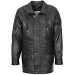 Mens Leather Winter Car Coat Hip Length Jason Black