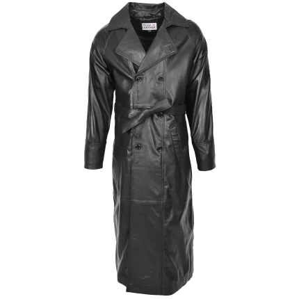 Mens Full Length Double Breasted Leather Coat Pete Black