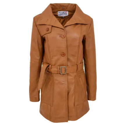 Womens Leather Trench Coat with Belt Shania Tan