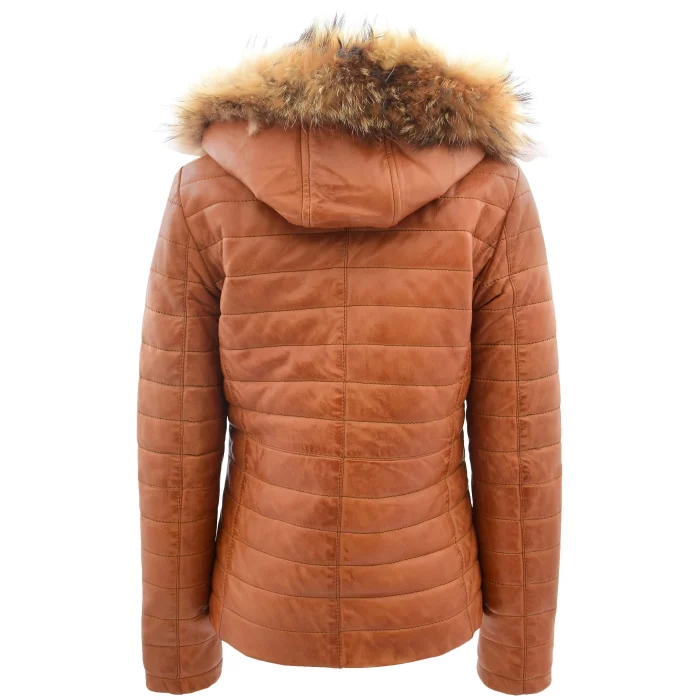 Womens Leather Puffer Coat Detachable Hooded Lucy Tan