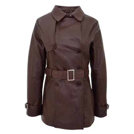 A classic real leather double breasted trench coat, a true indulgent excellent tailored fitted cut design. Made from soft and light lamb nappa leather. This jacket features a double breasted fastening, adjustable waist belt, buckle feature on the cuffs and two front pockets. Inside fully lined with polyester. Outer Pockets: Two Outer Material: Leather Inner Material: Polyester