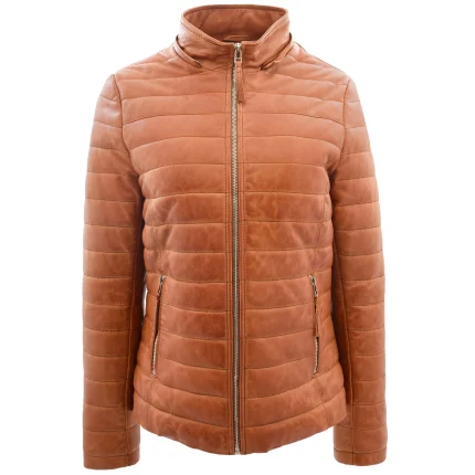 Womens Leather Puffer Coat Detachable Hooded Lucy Tan