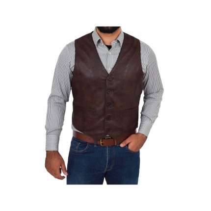 Mens Button Fastening Leather Waistcoat Nick Brown