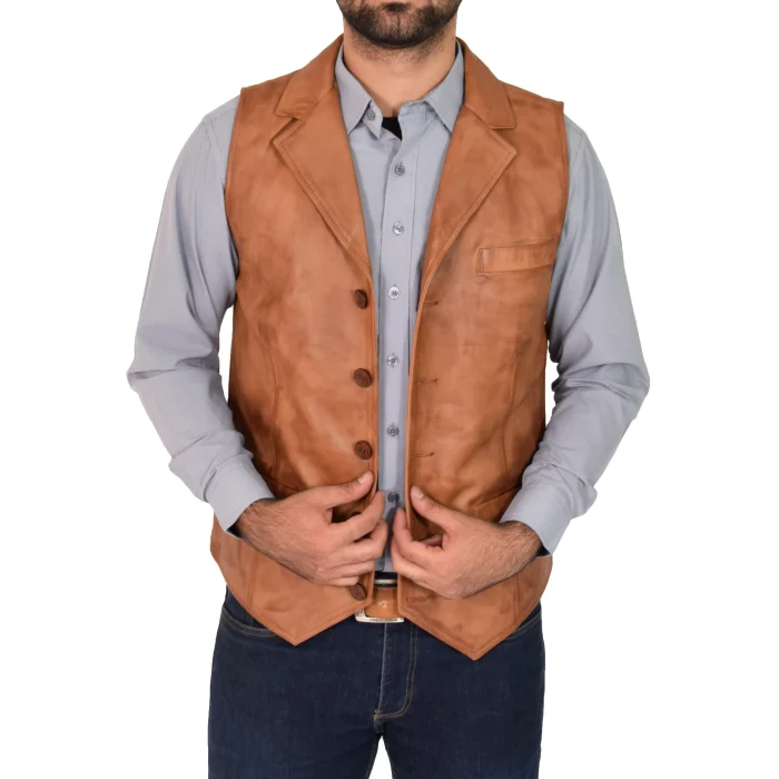 Mens Leather Buttoned Waistcoat Gilet Calvin Tan