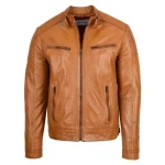 Mens Leather Cafe Racer Biker Jacket Ron Tan