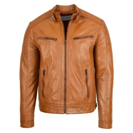 Mens Leather Cafe Racer Biker Jacket Ron Tan