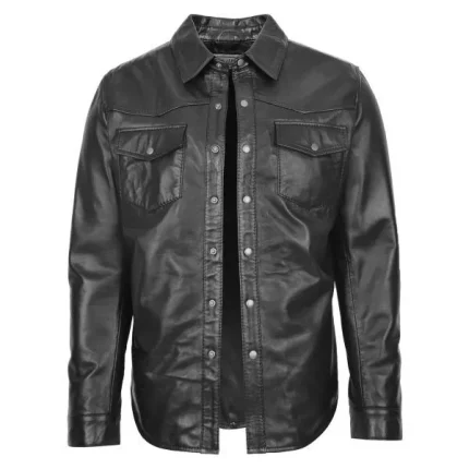 Mens Leather Shirt Classic Trucker Style Oliver Black