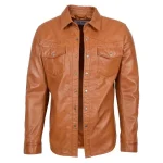 Mens Leather Shirt Classic Trucker Style Oliver Tan