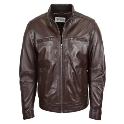 Mens Standing Collar Leather Jacket Tony Brown