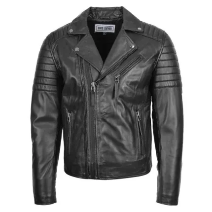 Mens Dual Cross Zip Leather Biker Jacket Black