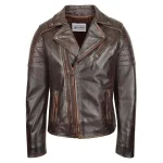 Mens Vintage Brown Dual Cross Zip Leather Biker Jacket