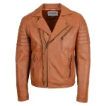 Mens Tan Dual Cross Zip Leather Biker Jacket