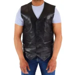 Mens Real Leather Gilet Vest Waistcoat SAM Black