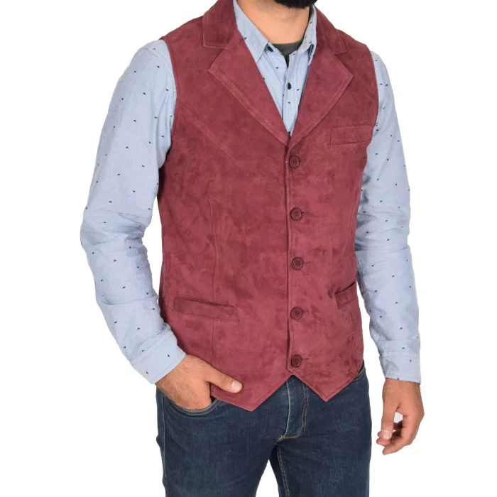 Mens Suede Buttoned Waistcoat Gilet Devin Burgundy