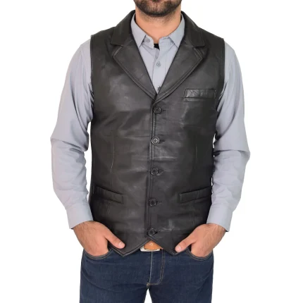 Mens Leather Buttoned Waistcoat Gilet Calvin Black